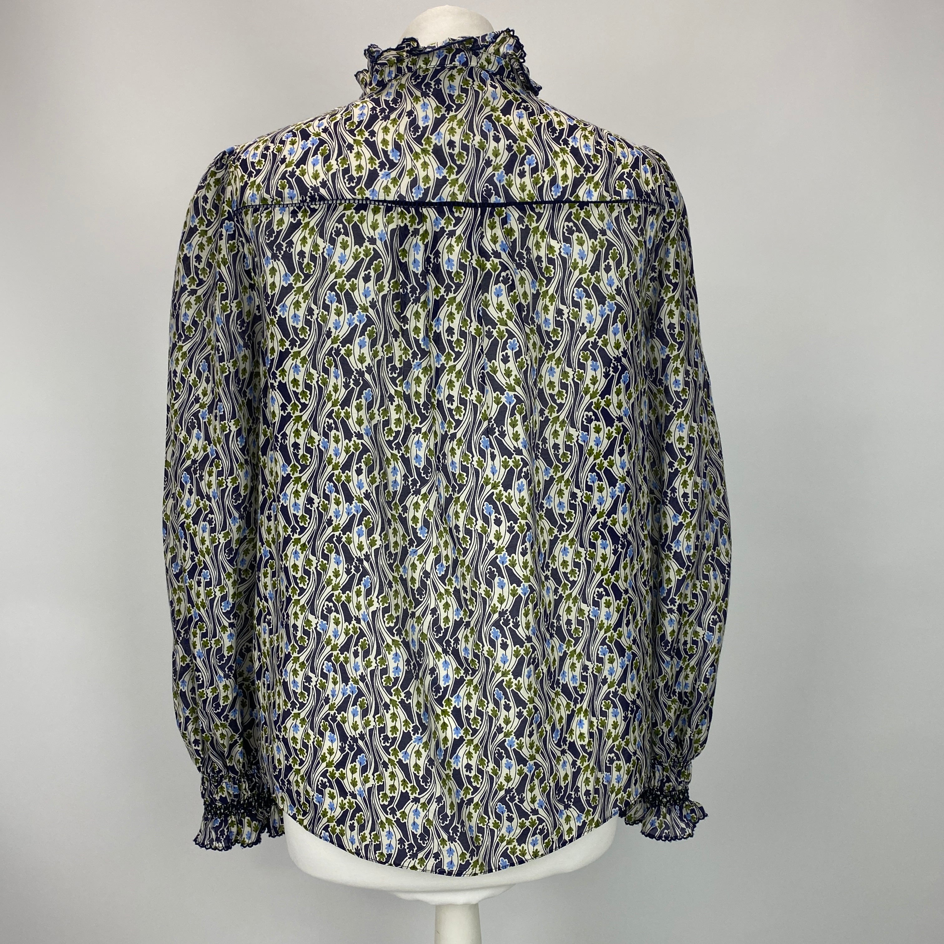 Me&Em Navy & White Leaf Print Silk & Cotton Blouse XS