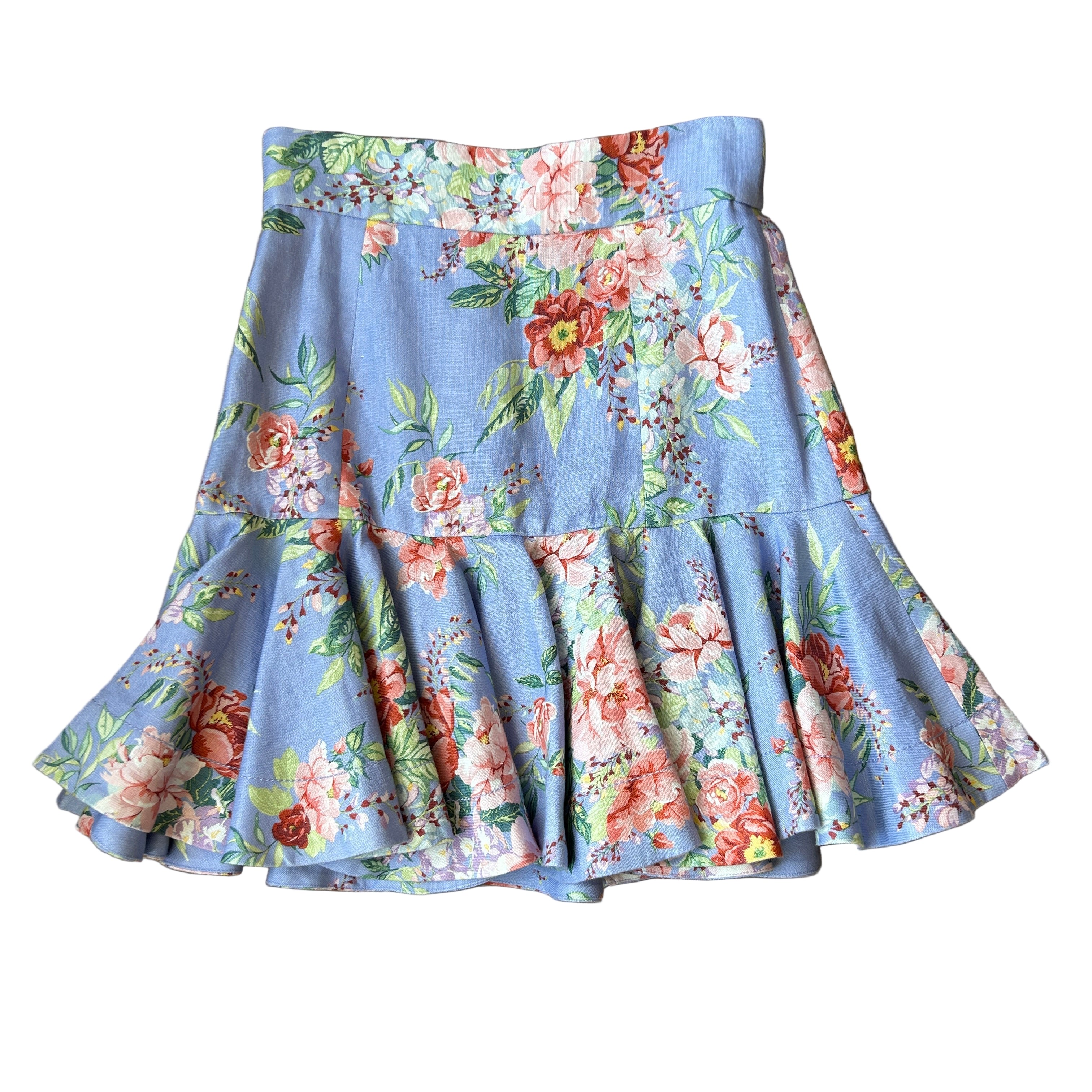Zimmermann New Sky Blue Floral Linen Mini Skirt XS