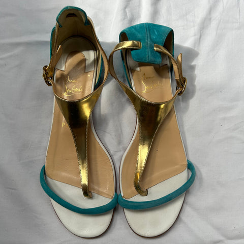 Christian Louboutin_Aqua Suede & Gold leather Flat Sandals_39.5