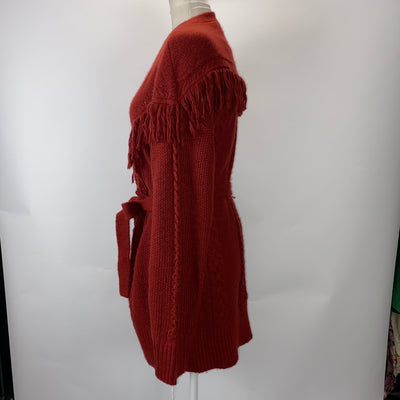 Altuzarra Burgundy Cashmere & Wool Fringed Belted Cardi Jacket L