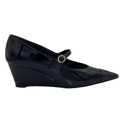 Chanel Brand New £1200 Black Patent Pointed Maryjane Wedge Heels 37.5