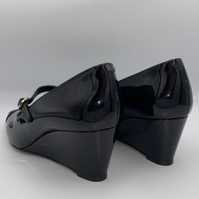 Chanel Brand New £1200 Black Patent Pointed Maryjane Wedge Heels 37.5