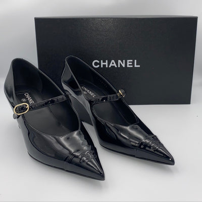 Chanel Brand New £1200 Black Patent Pointed Maryjane Wedge Heels 37.5