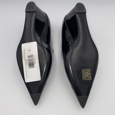 Chanel Brand New £1200 Black Patent Pointed Maryjane Wedge Heels 37.5