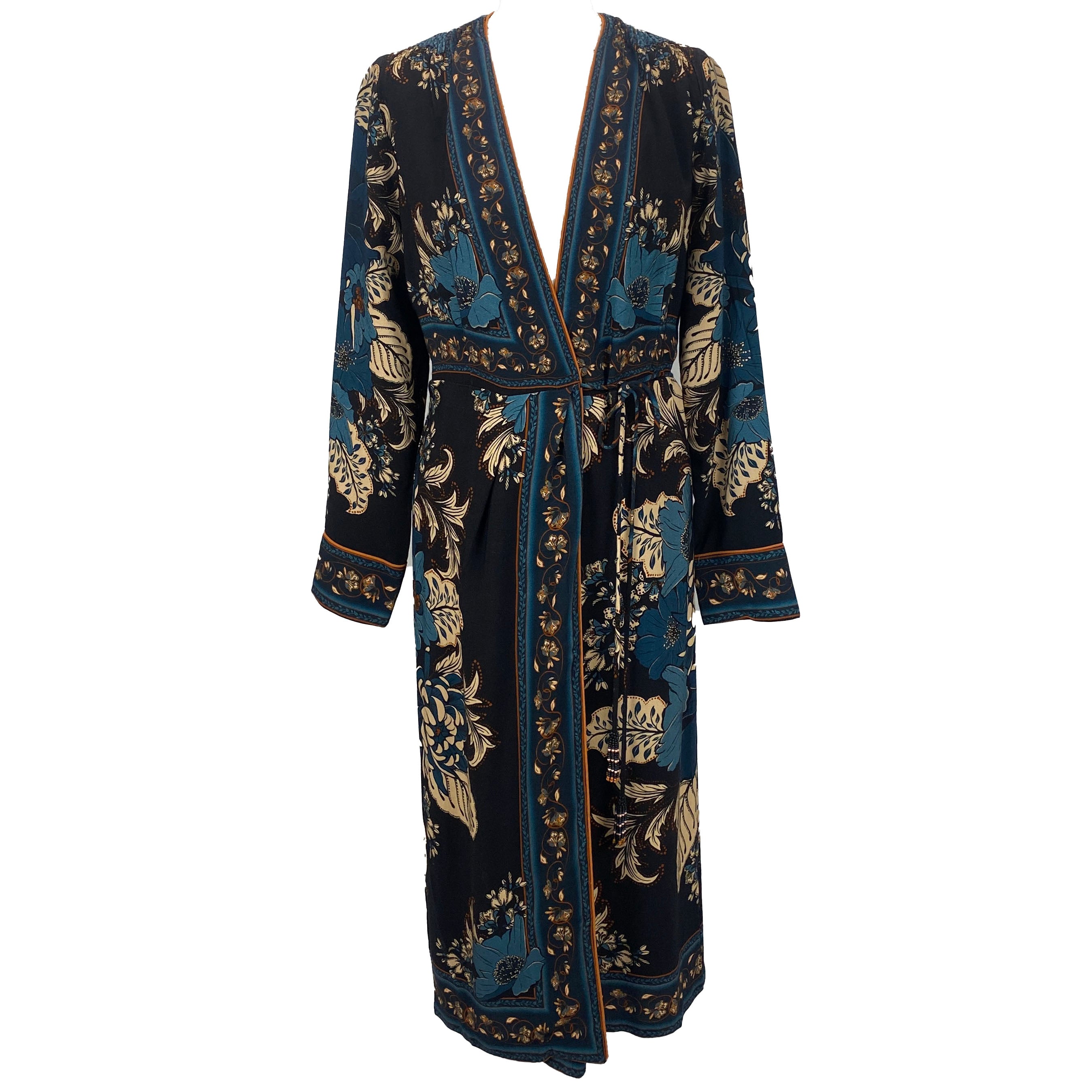 Farm Rio £340 Black Tapestry Blossom Wrap Midi Dress S