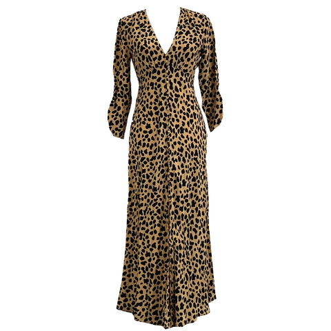 Rixo_Camel & Black Cheetah Print Silk Maxi Dress_S