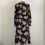 Jason Wu £600 Navy & Mustard Pure Silk Gingko Print Shirtwaister Dress S/M/L