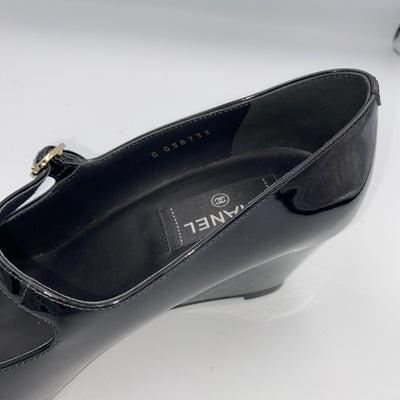 Chanel Brand New £1200 Black Patent Pointed Maryjane Wedge Heels 37.5