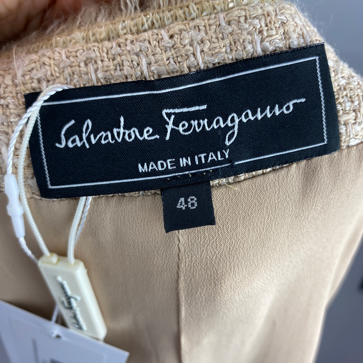 Salvatore Ferragamo New Vanilla Tweed Fringed Jacket XL