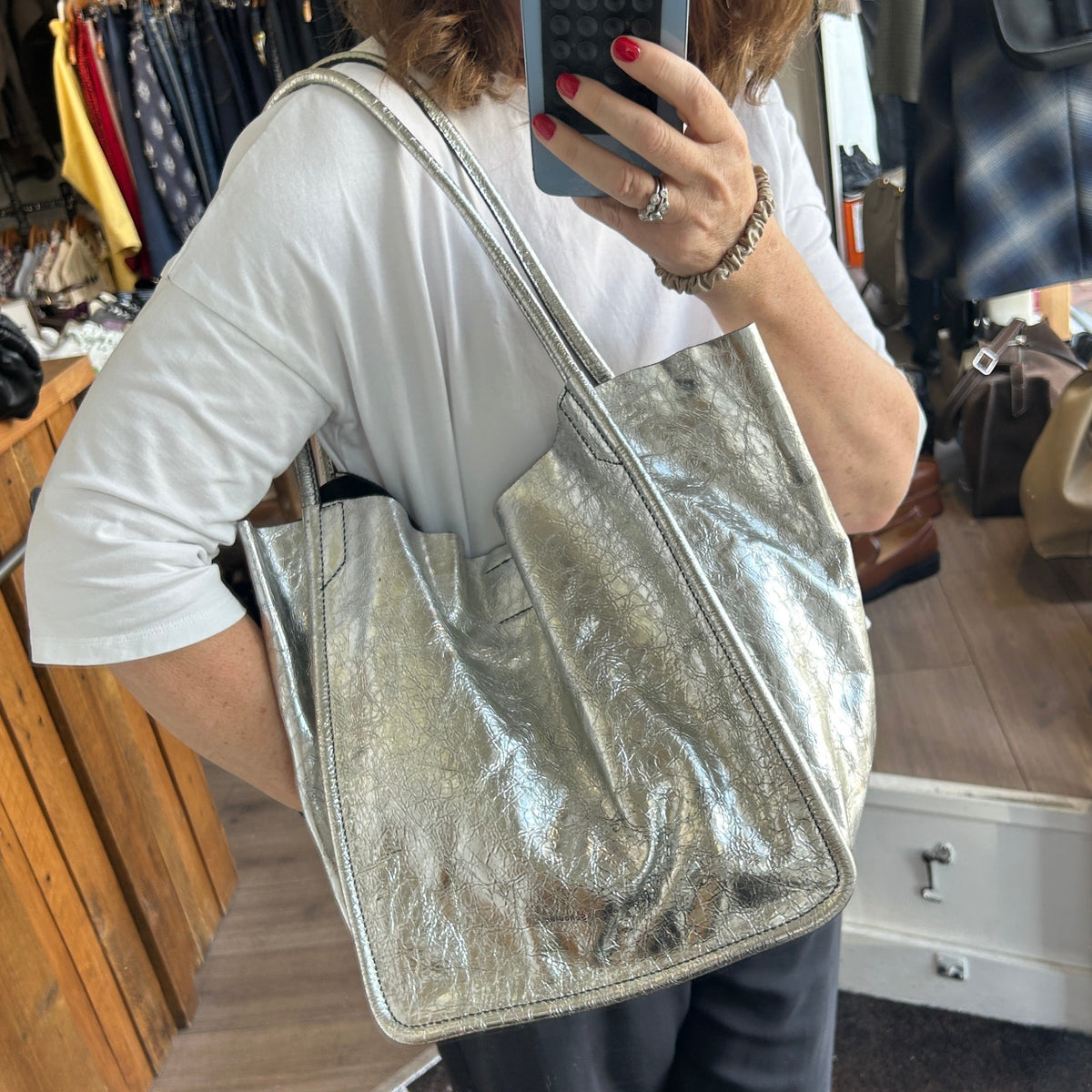 Proenza Schouler Silver Crinkle Leather Tote Bag