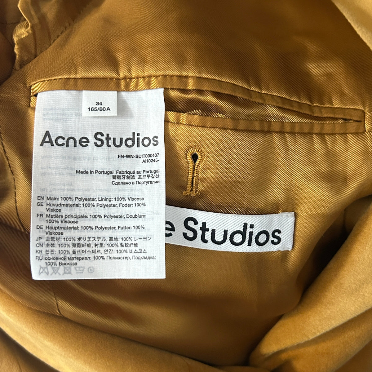 Acne Studios New £650 Honey Yellow Velvet Blazer S-M