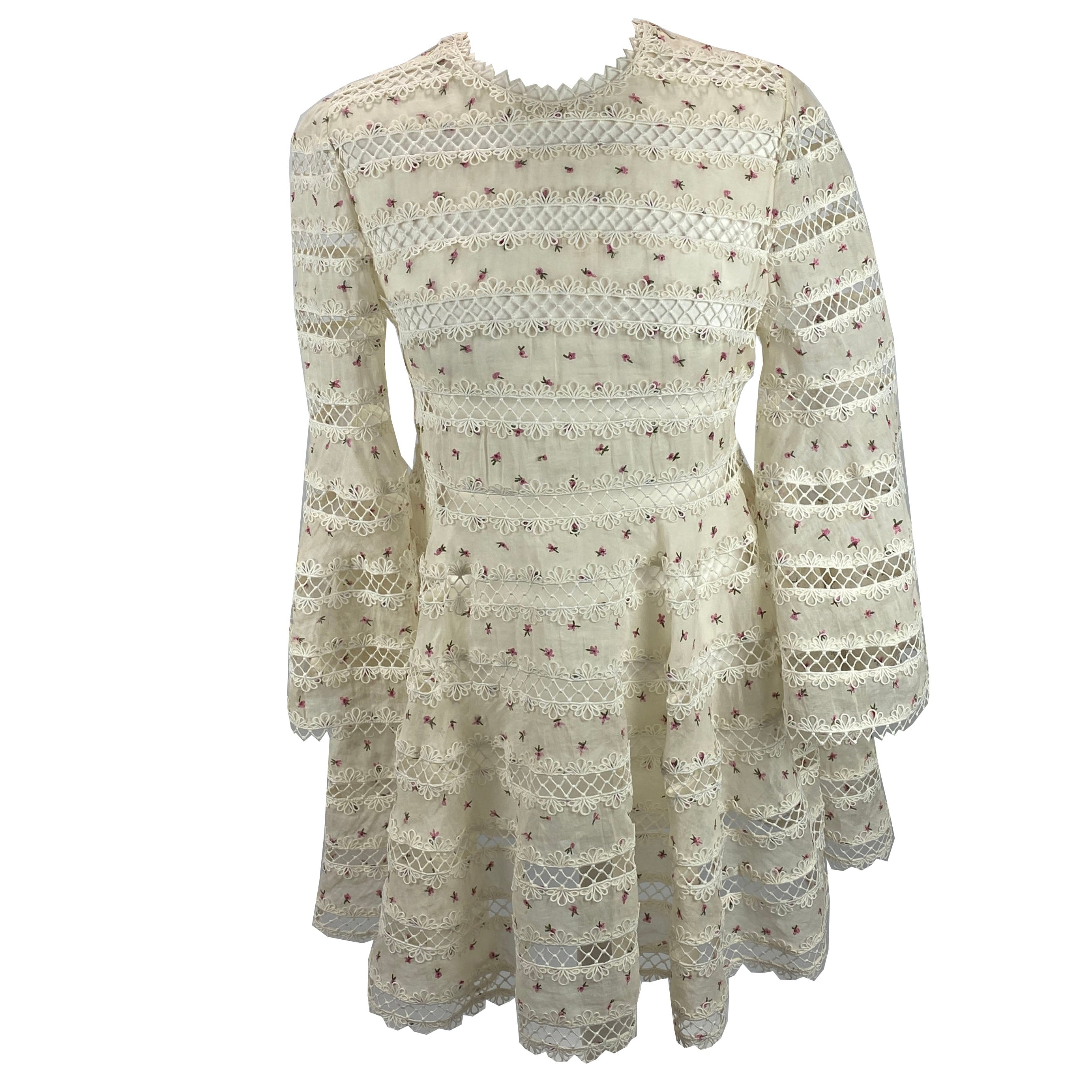 Zimmermann £1800 Ivory Embroidered Cotton Organza Mini Dress S