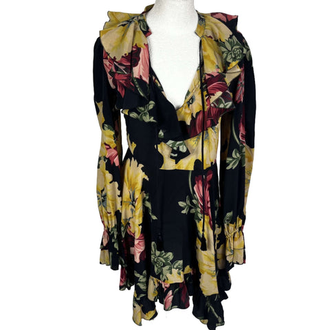 Etro Black Floral  Printed Silk Chiffon Midi Dress S