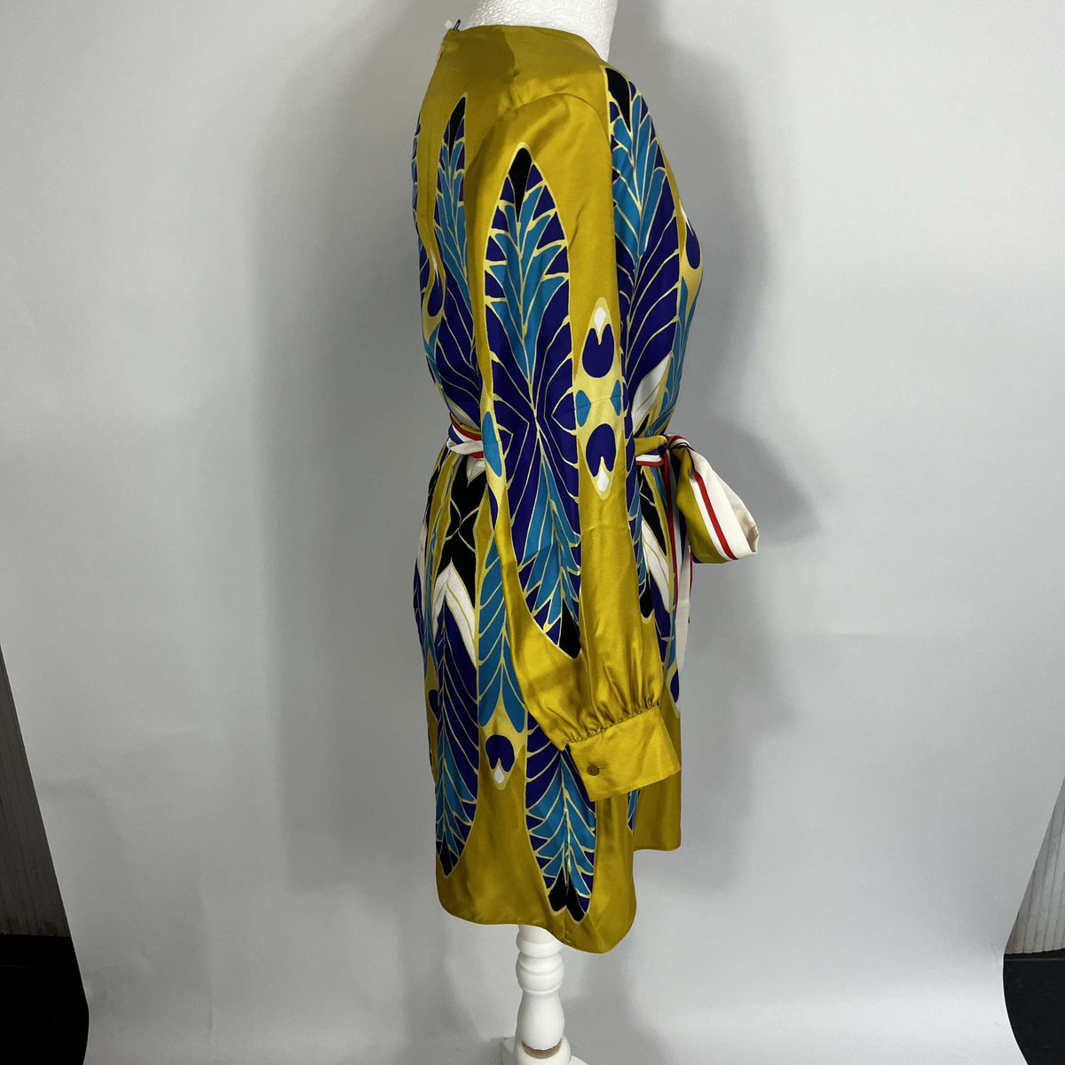 Valentino Goldenrod & Aqua Print Silk Belted Shift Dress XXS