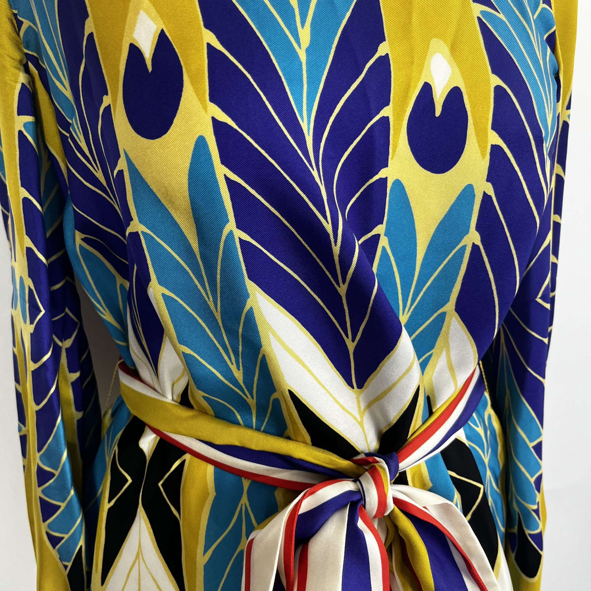 Valentino Goldenrod & Aqua Print Silk Belted Shift Dress XXS