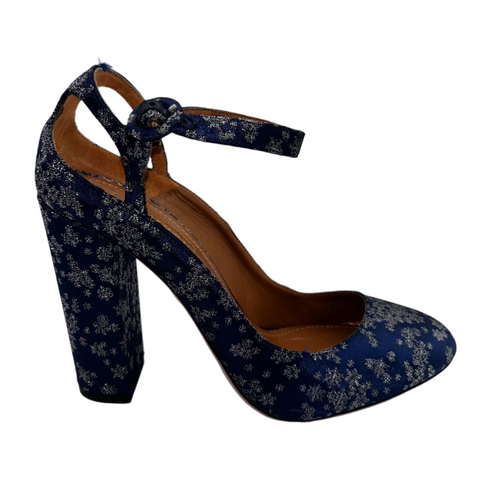 Aquazzura Navy & Silver Brocade Heels 38