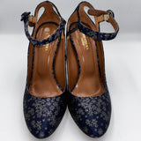 Aquazzura Navy & Silver Brocade Heels 38