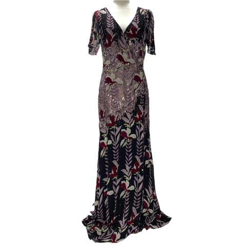 Temperley London Brand New £1400 Lilac & Black Silk Bellflower Maxi Dress L