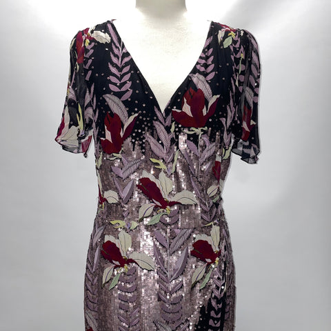 Temperley London Brand New £1400 Lilac & Black Silk Bellflower Maxi Dress L