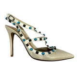 Valentino Cream Rolling Rockstud Turquoise Ankle Strap Sandals 40