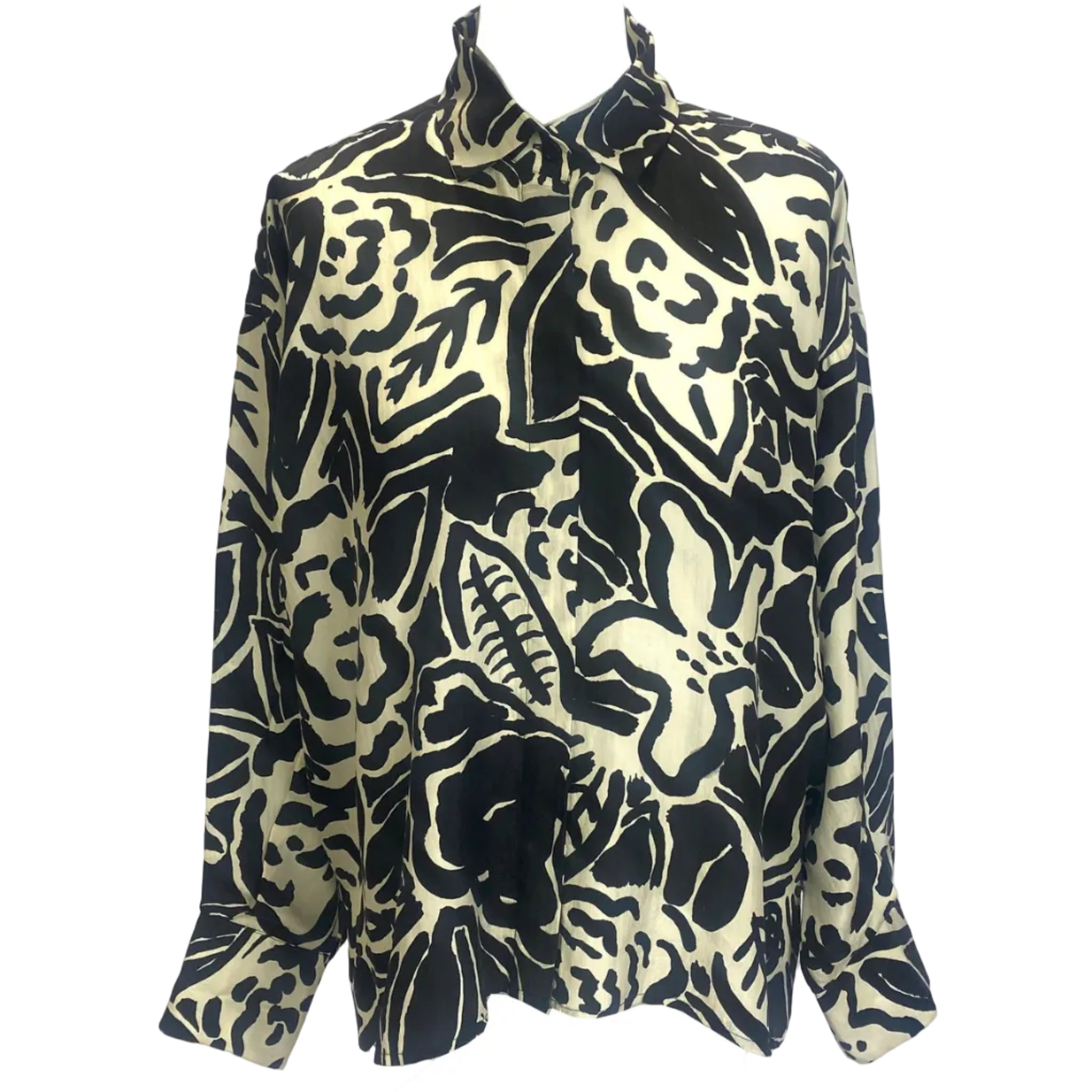 Mii Au Musee £430 Black & Cream Print Silk Shirt XS/S/M