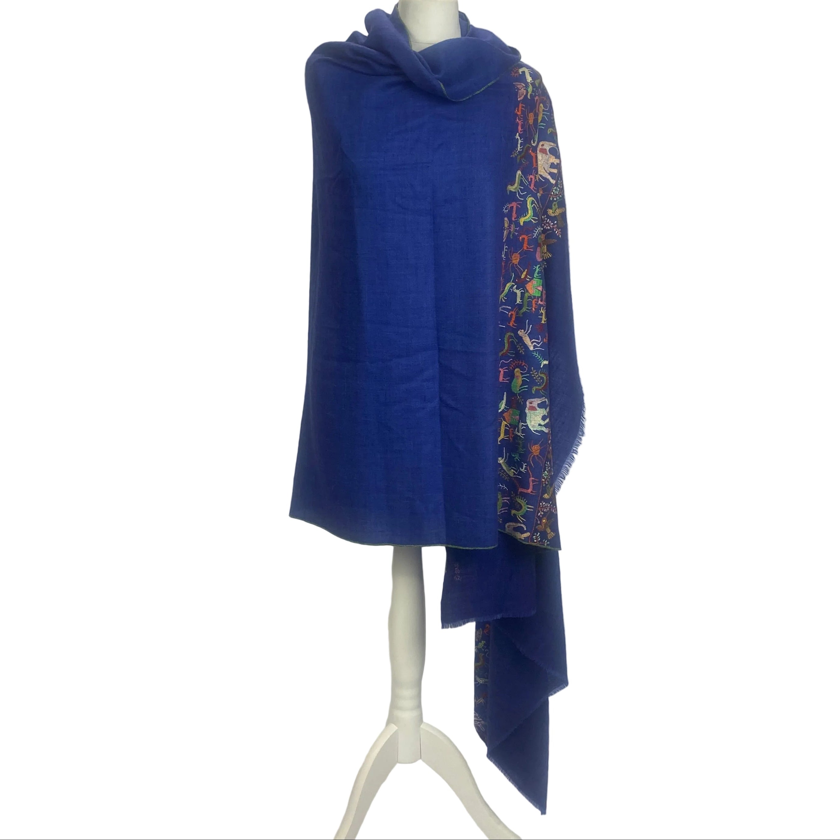 Yaser Shaw £1500 Indigo Animal Embroidered Cashmere Shawl