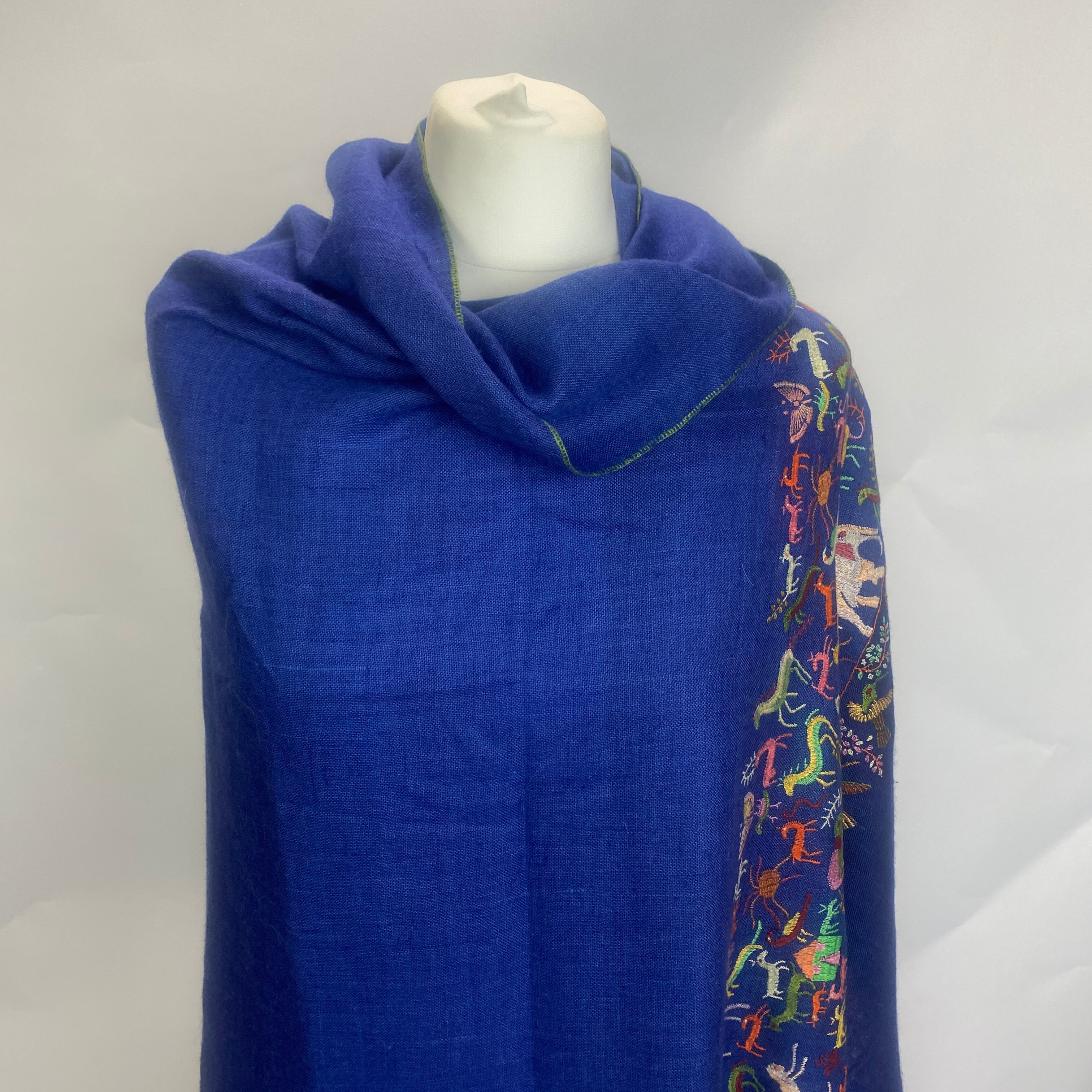 Yaser Shaw £1500 Indigo Animal Embroidered Cashmere Shawl