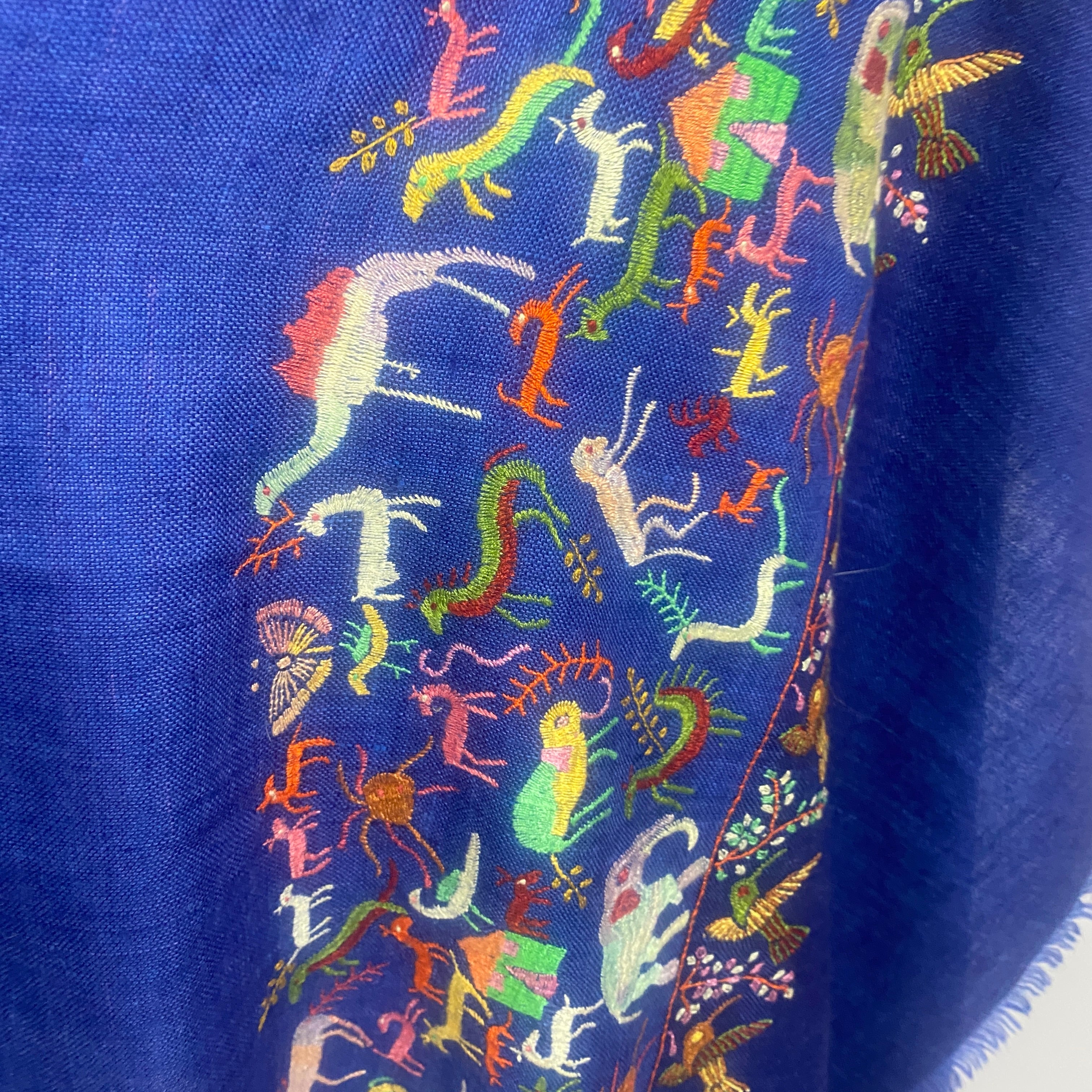 Yaser Shaw £1500 Indigo Animal Embroidered Cashmere Shawl
