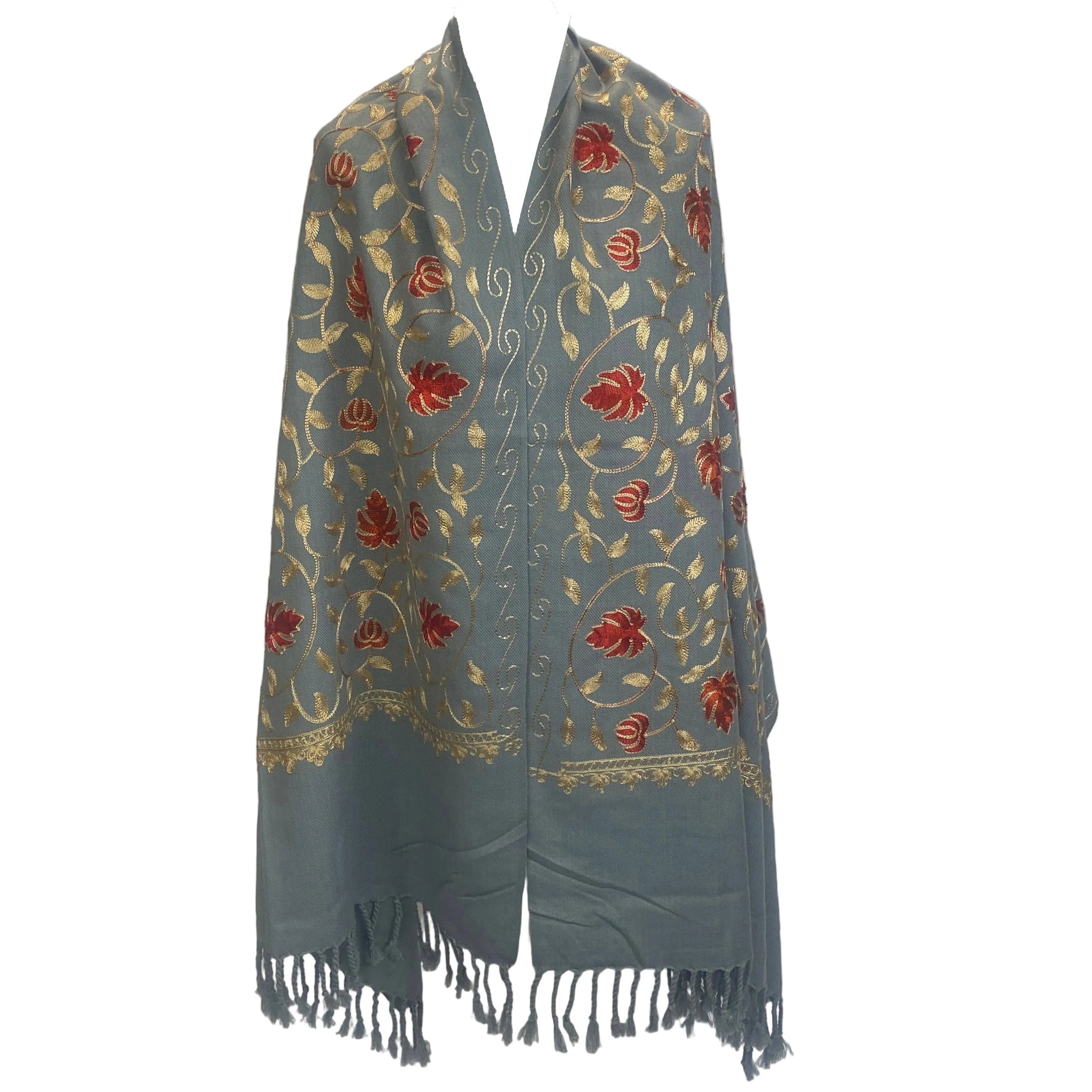 Handmade Indian Embroidered Dusty Blue Cashmere Shawl