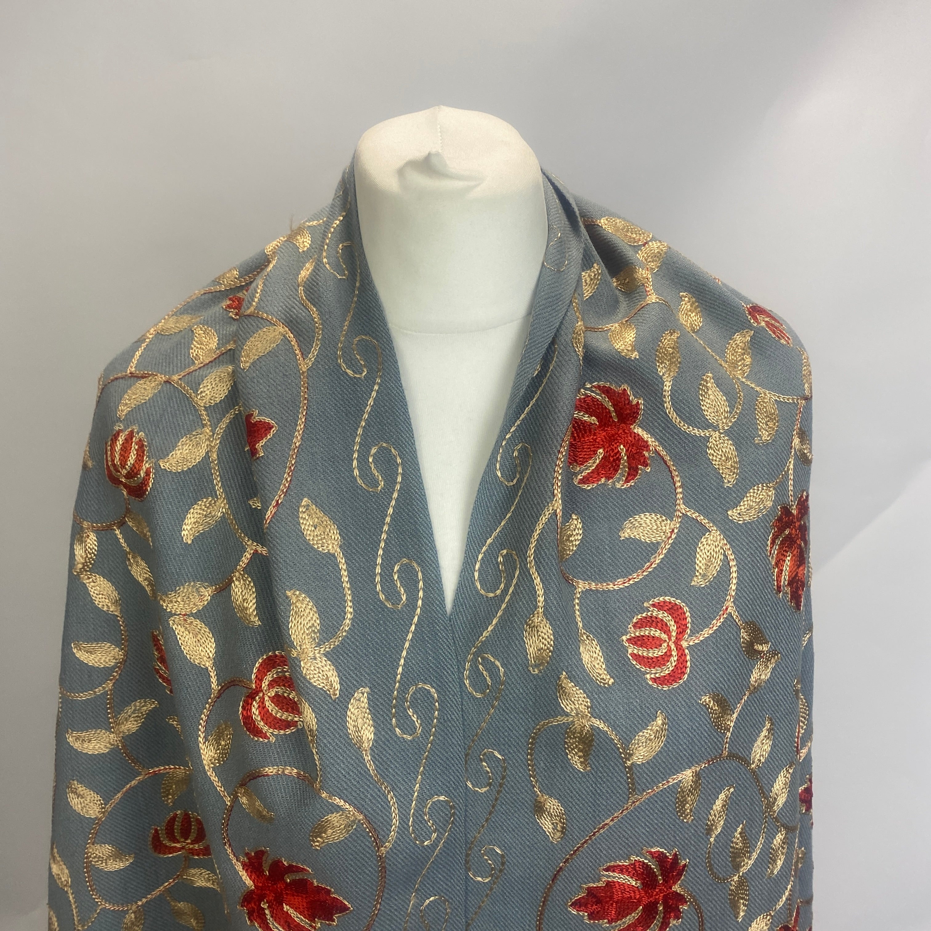 Handmade Indian Embroidered Dusty Blue Cashmere Shawl
