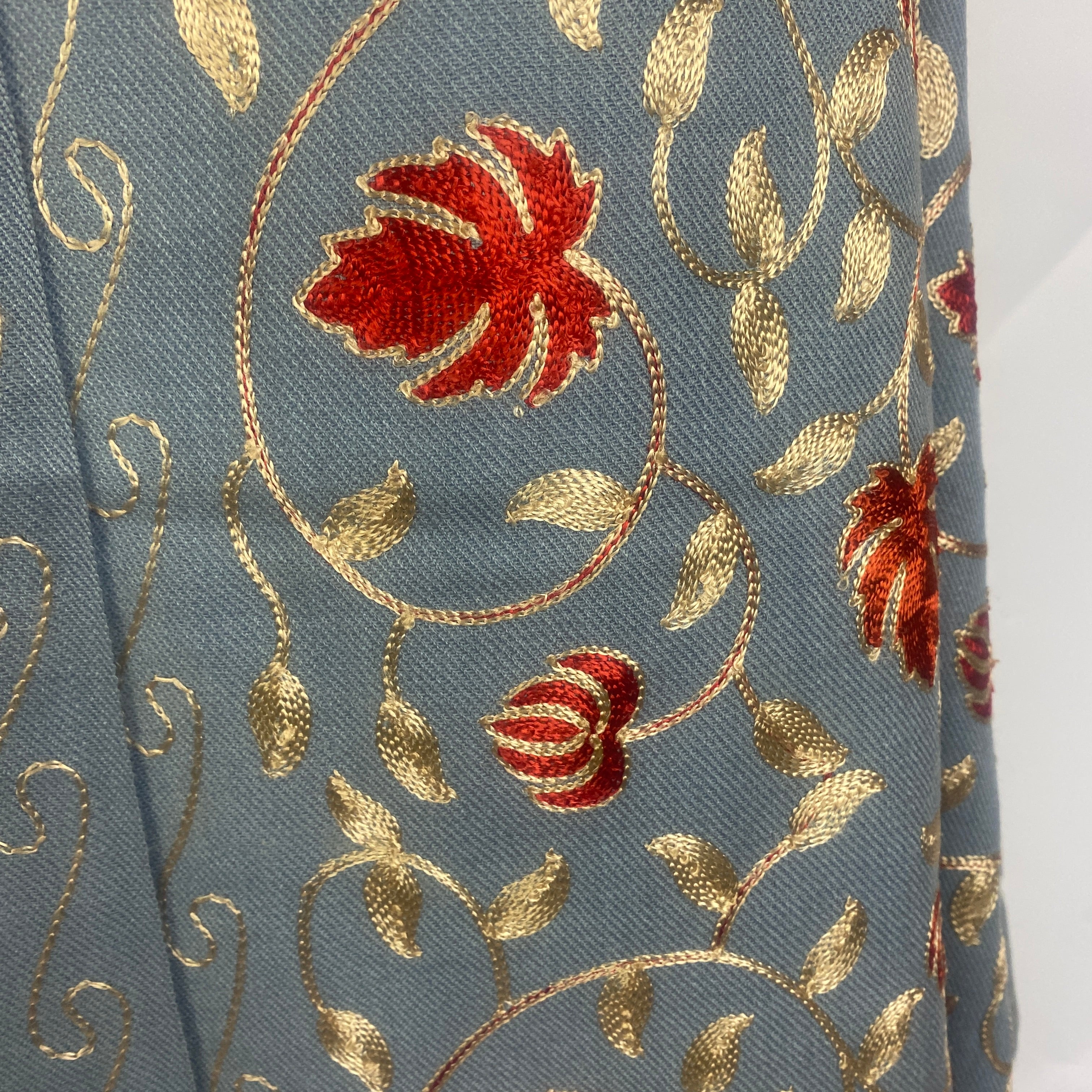 Handmade Indian Embroidered Dusty Blue Cashmere Shawl