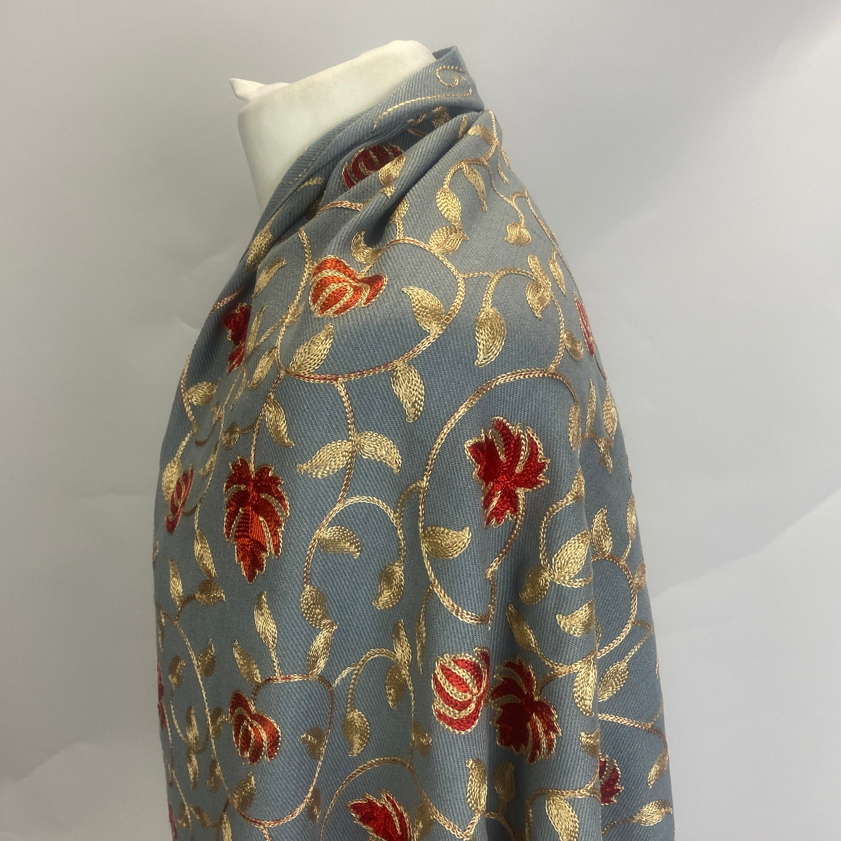 Handmade Indian Embroidered Dusty Blue Cashmere Shawl