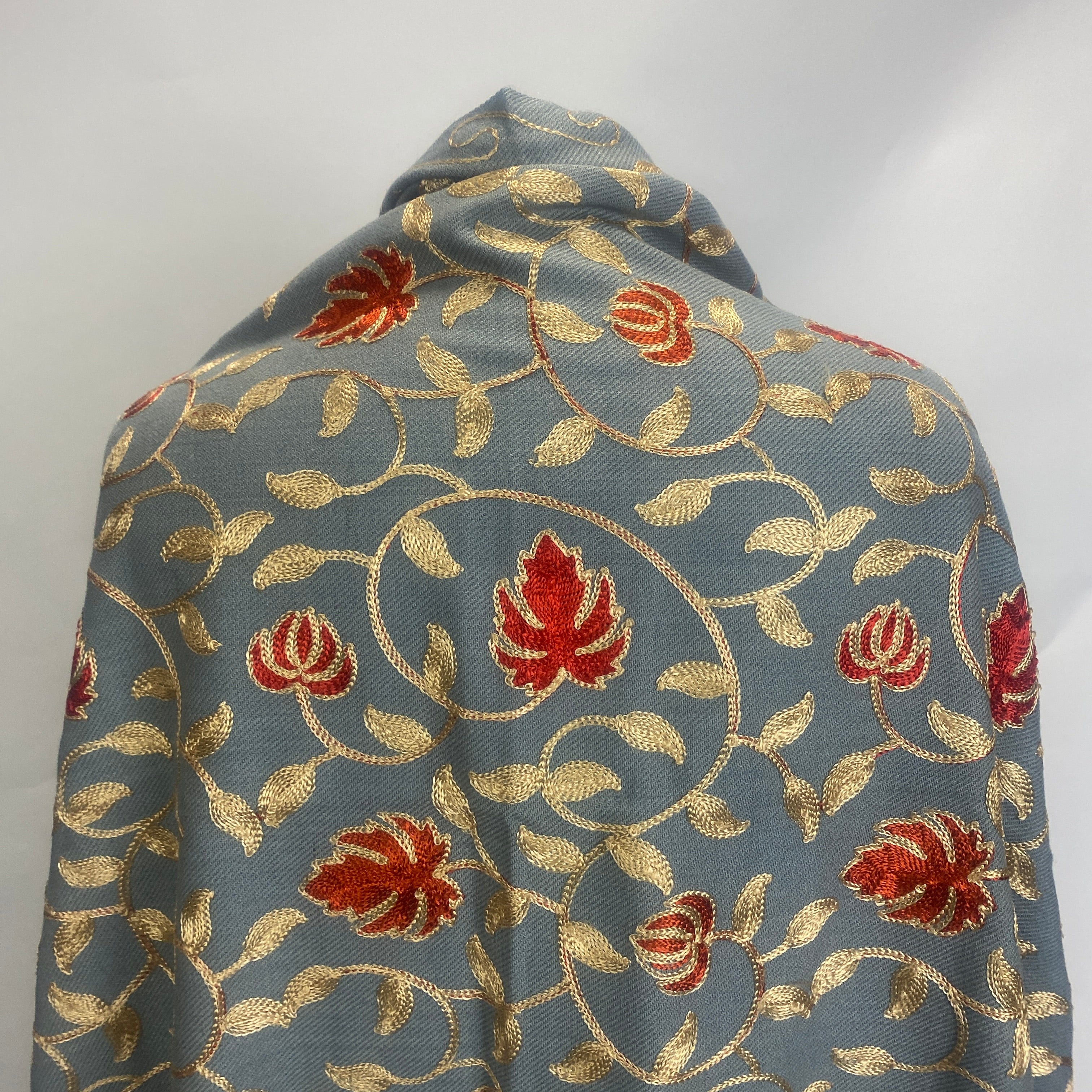 Handmade Indian Embroidered Dusty Blue Cashmere Shawl