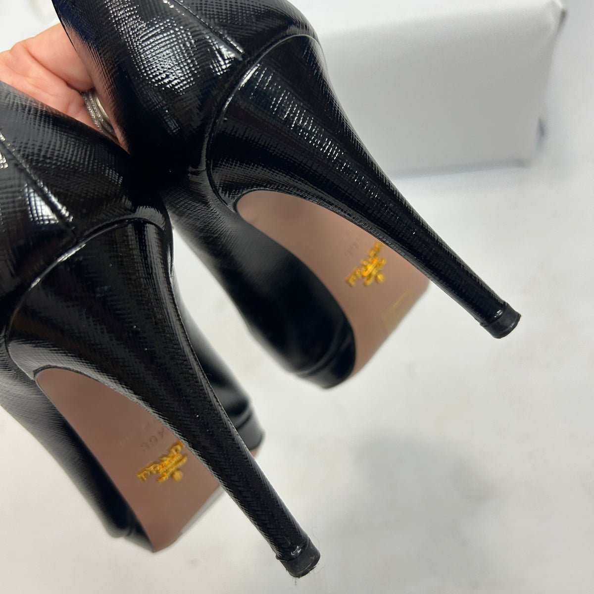 Prada Black Patent Saffiano Platform Heels 39.5
