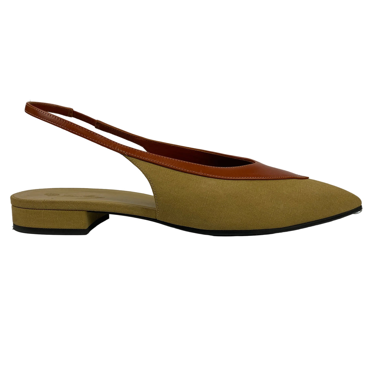 Loro Piana Pale Olive Canvas & Tan Leather Slingbacks 40