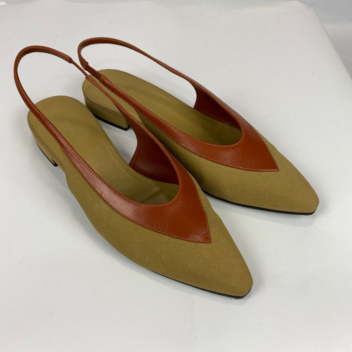 Loro Piana Pale Olive Canvas & Tan Leather Slingbacks 40