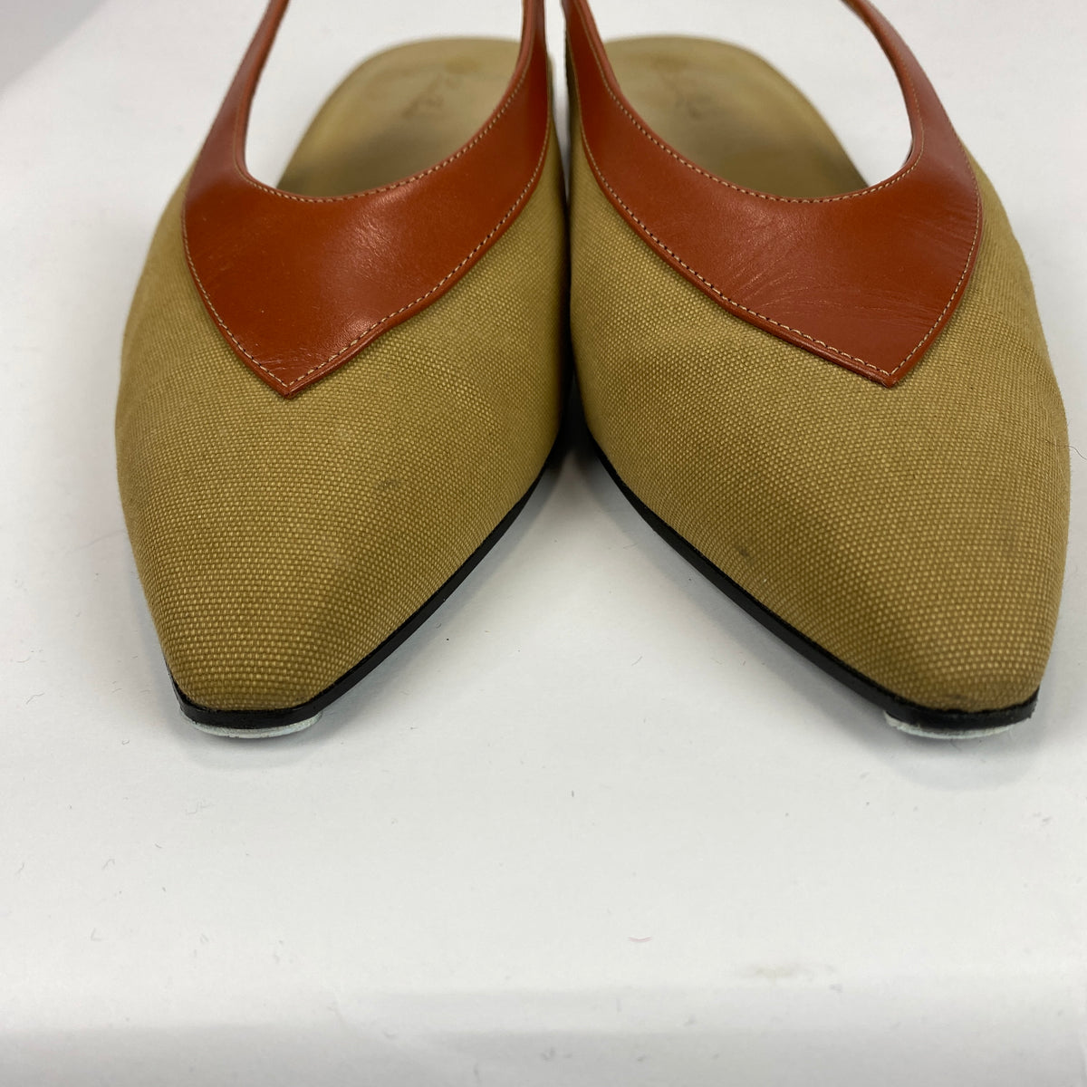 Loro Piana Pale Olive Canvas & Tan Leather Slingbacks 40