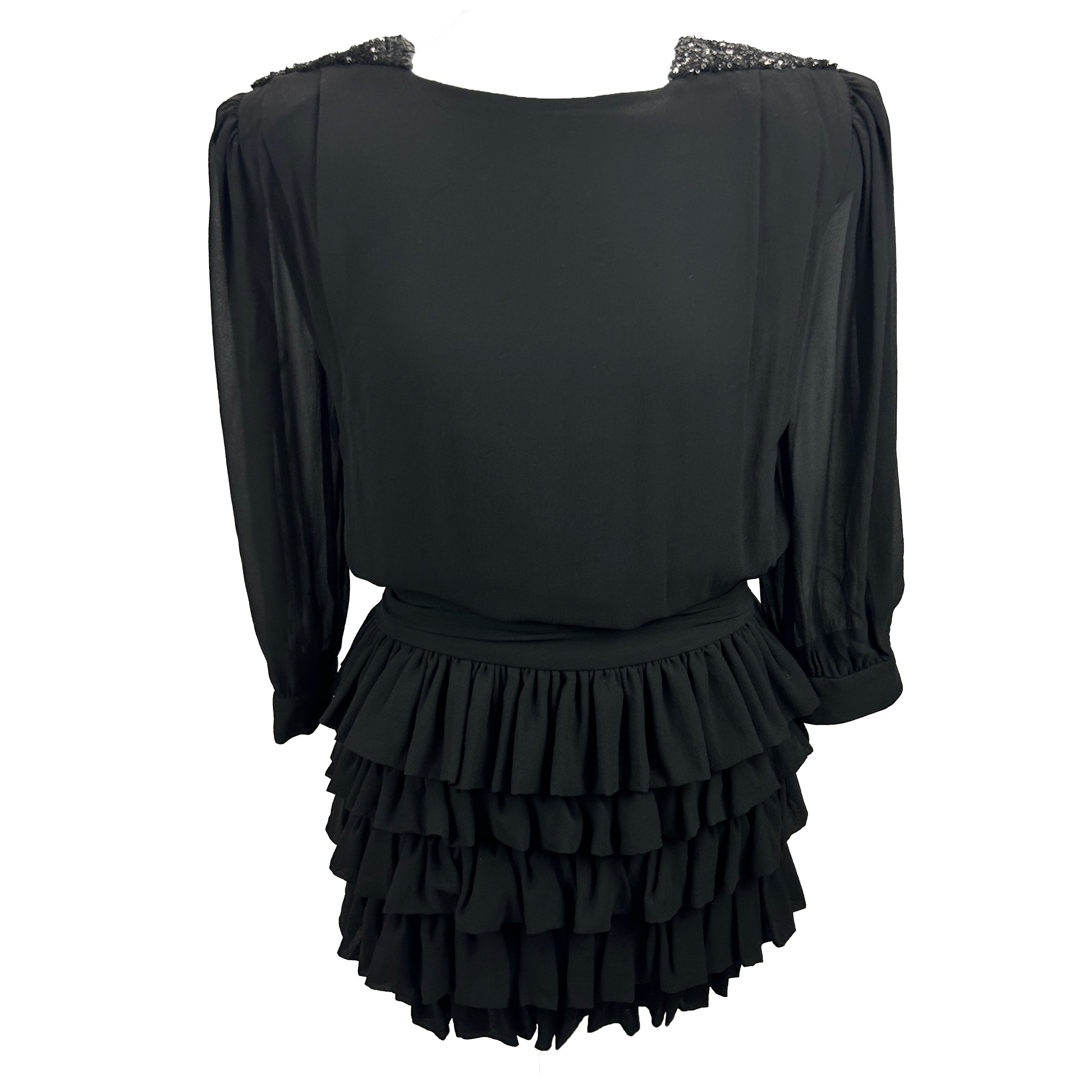 Saint Laurent New Black Sequinned Silk Chiffon Ruffle Dress XS