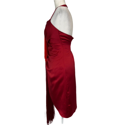 Halpern £1446 Scarlet Duchesse Satin Fringed Halterneck Dress XS