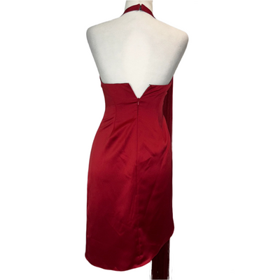 Halpern £1446 Scarlet Duchesse Satin Fringed Halterneck Dress XS