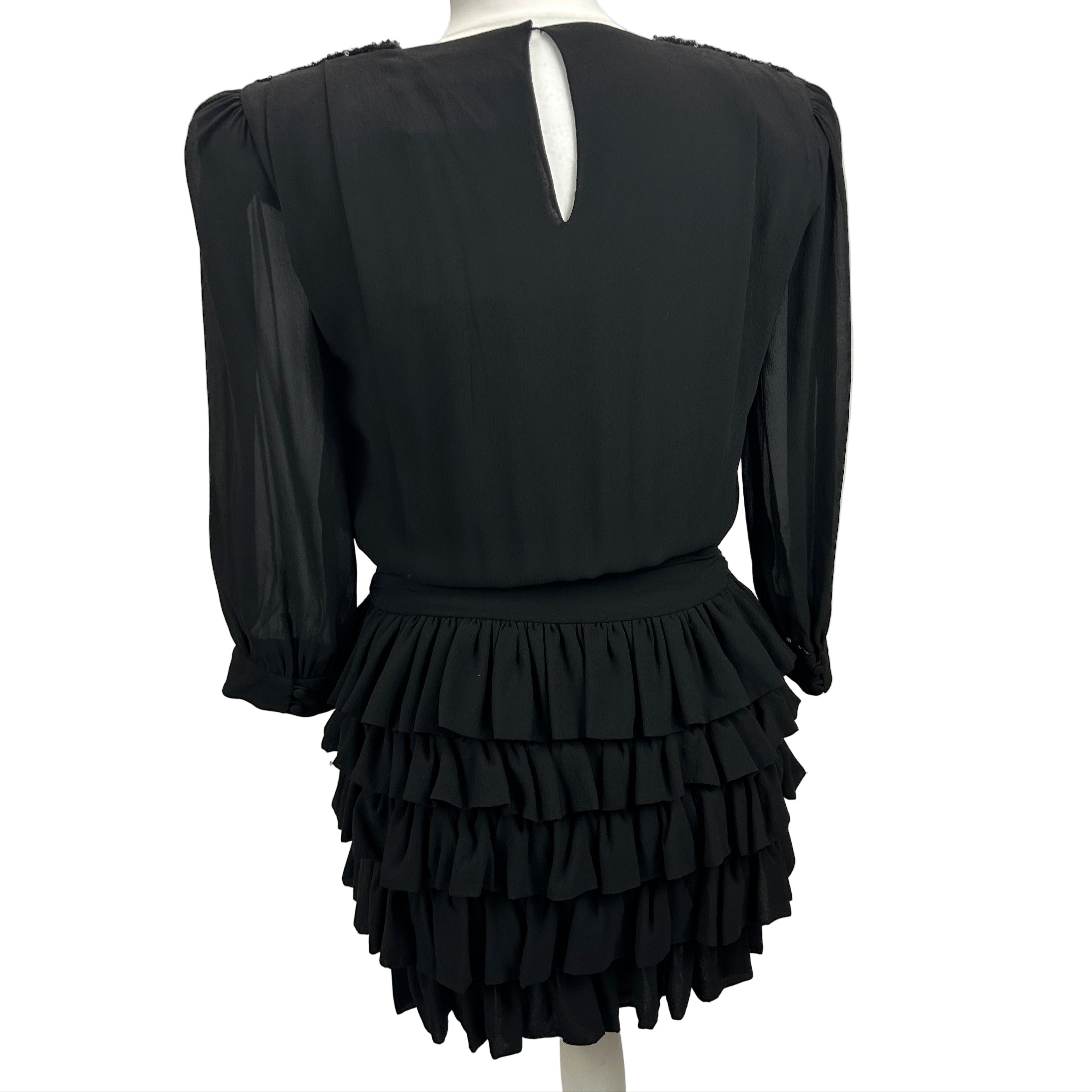 Saint Laurent New Black Sequinned Silk Chiffon Ruffle Dress XS