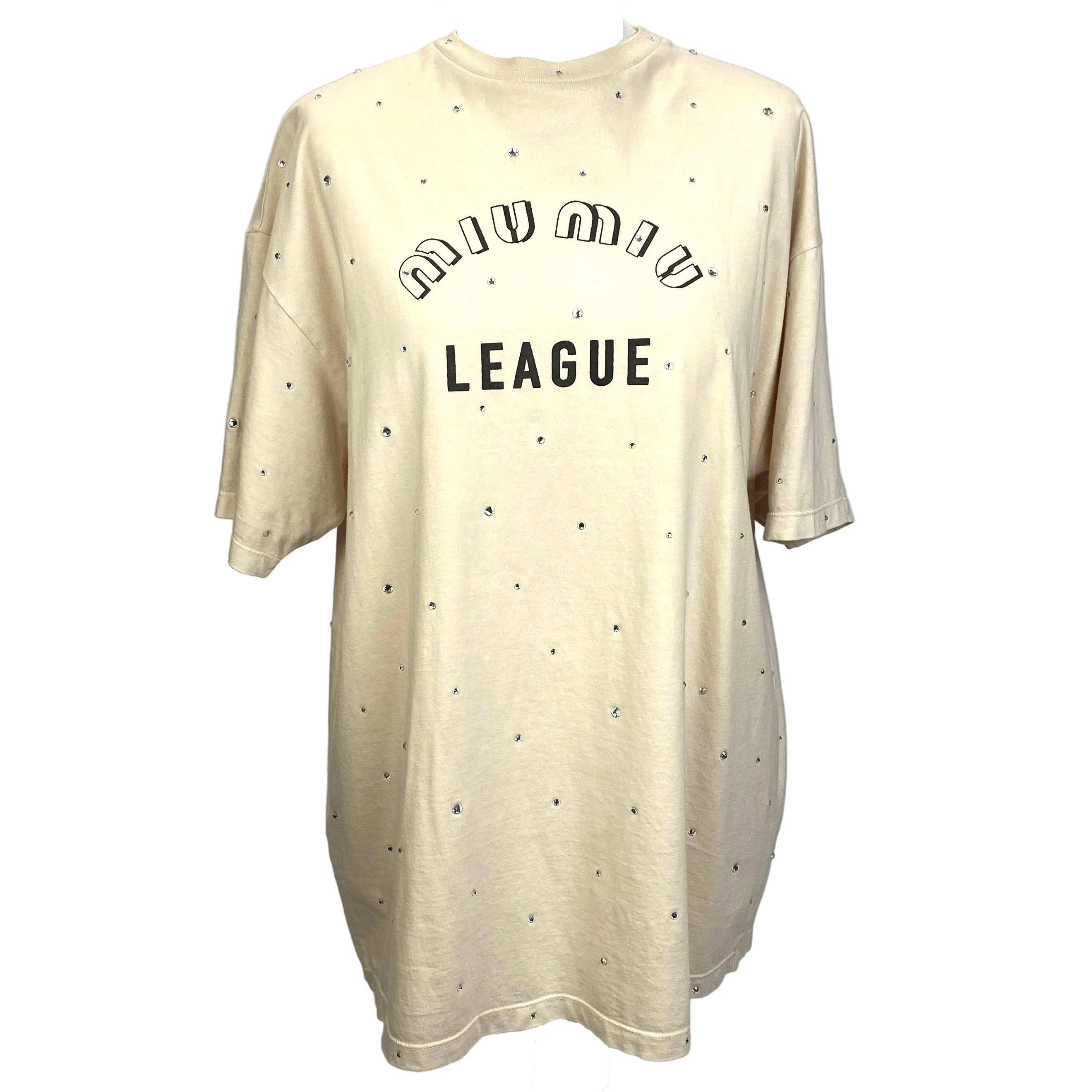 Miu Miu Cream Logo Tee with Crystal Embellishment O/S