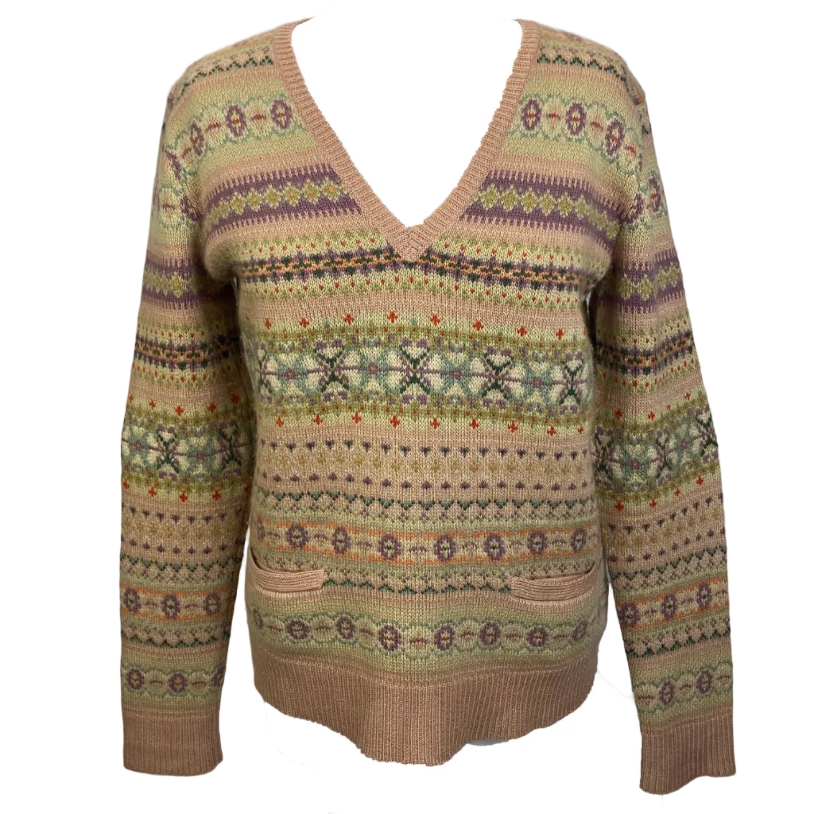 Ralph Lauren Nude & Lilac Intarsia Cashmere V Neck Sweater L