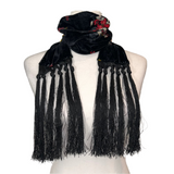 Forte Forte Black Floral Velvet Fringed Skinny Scarf