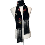 Forte Forte Black Floral Velvet Fringed Skinny Scarf