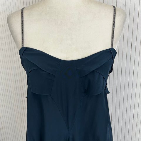 Hansine Brand New £395 Navy Silk Spaghetti Strap Maxi Dress S