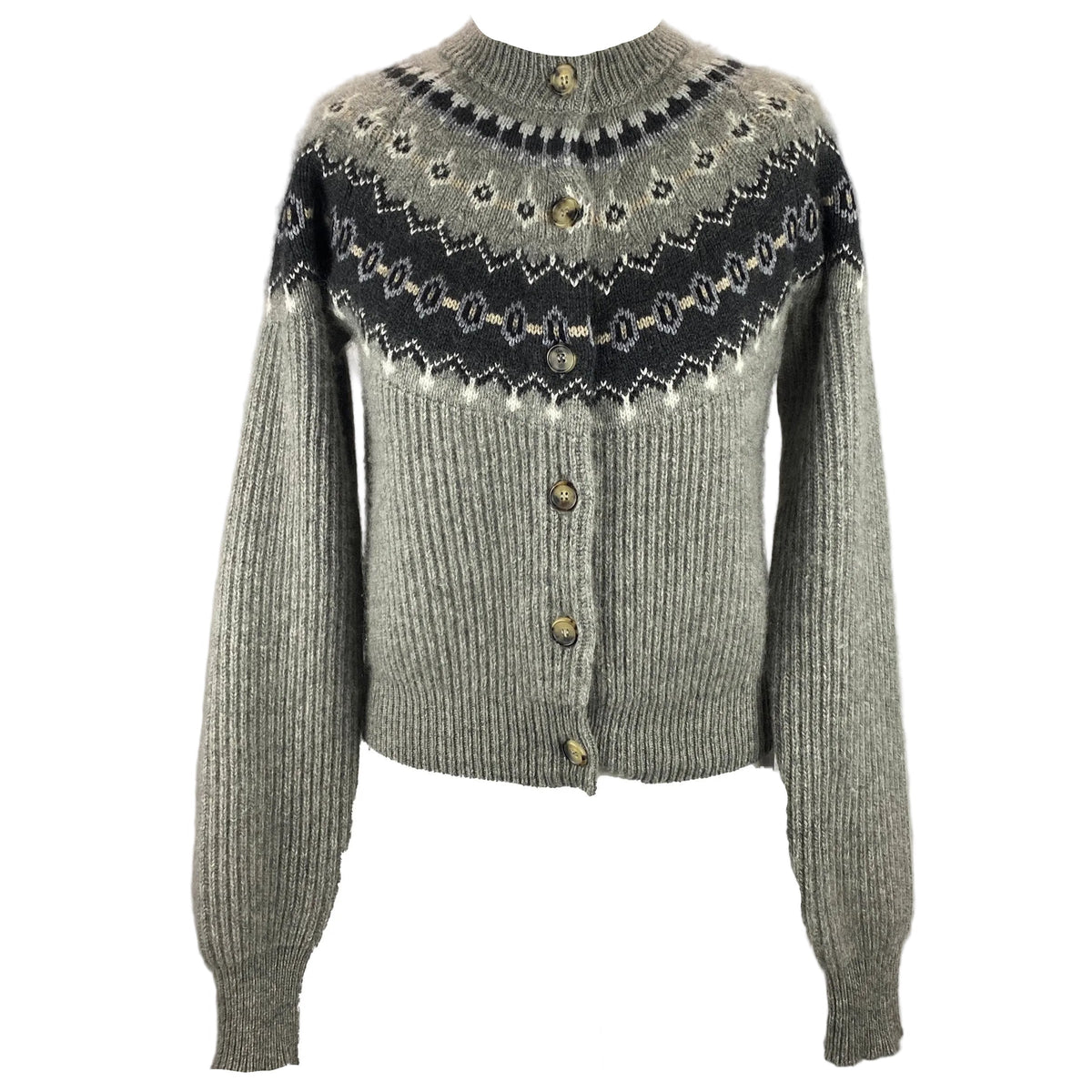 Khaite £2000 Grey Chunky Rib Fairisle Cashmere Mix Cardigan XS