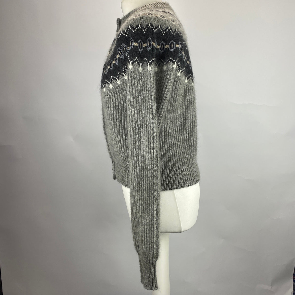 Khaite £2000 Grey Chunky Rib Fairisle Cashmere Mix Cardigan XS