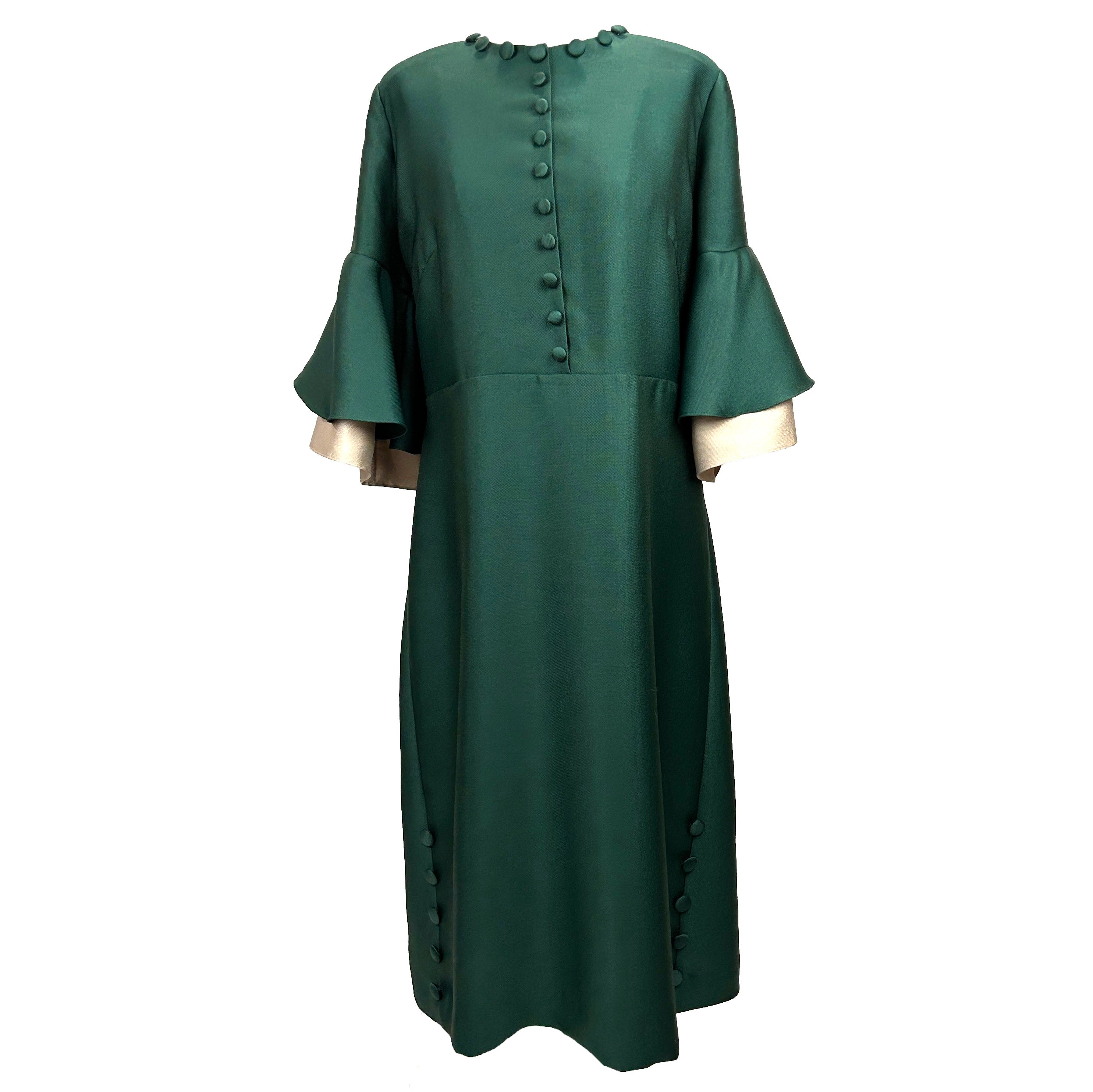 Reem Acra £2335 Emerald Ruffled Satin Pique Maxi Dress L/XL