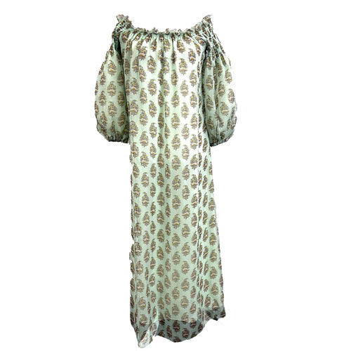 Giambattista Valli Mint Floral  Silk Chiffon Shirred Neckline Dress L